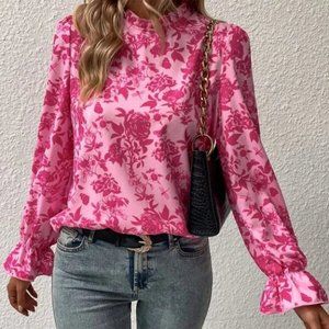 Boho floral long flounced sleeved Blouse top Pink